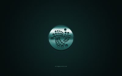 IOTA logo, metal emblem, зеленый carbon texture, cryptocurrency, IOTA, finance concepts