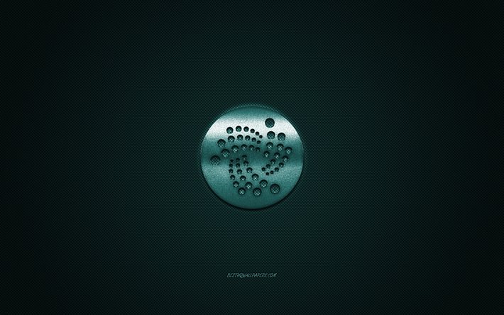 iota-logo, metall-emblem, зеленый carbon textur, kryptogeld, iota -, finanz-konzepte