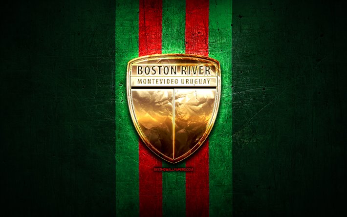 Boston River FC, logo dorato, Uruguay Primera Division, verde, metallo, sfondo, calcio, CA Boston Fiume, Uruguaiano di calcio per club, Boston River logo, Uruguay