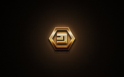 Emercoin glitter logo, cryptocurrency, grid metal background, Emercoin, creative, cryptocurrency signs, Emercoin logo
