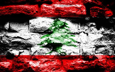 Empire of Lebanon, grunge brick texture, Flag of Lebanon, flag on brick wall, Lebanon, flags of Asian countries