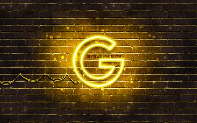 Google yellow logo, 4k, yellow brickwall, Google logo, brands, Google neon logo, Google