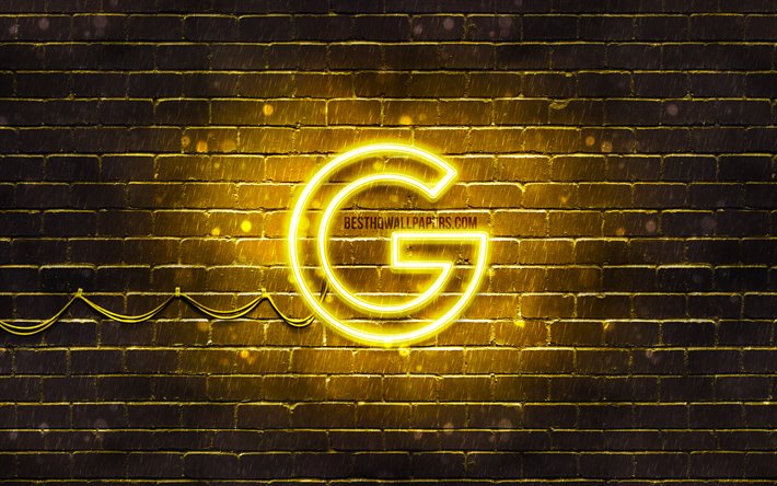 Google gul logotyp, 4k, gul brickwall, Googles logotyp, varum&#228;rken, Google neon logotyp, Google