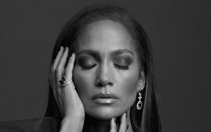 Jennifer Lopez, chanteuse am&#233;ricaine, portrait, monochrome, photographie, JLo, le maquillage, la belle femme, la star am&#233;ricaine