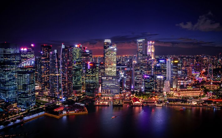4k, سنغافورة في الليل, nightscapes, مارينا باي ساندز, ناطحات السحاب, سنغافورة, المباني الحديثة, آسيا, سنغافورة 4K