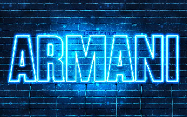 Armani, 4k, les papiers peints avec les noms, le texte horizontal, Armani nom, bleu n&#233;on, une photo avec le nom Armani