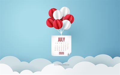 2020 July Calendar, blue sky, white and red balloons, July 2020 Calendar, 2020 concepts, 2020 summer calendars, July