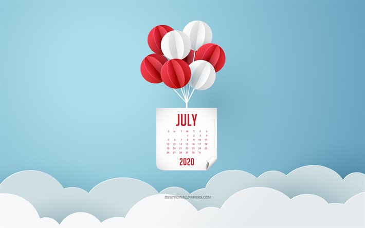 2020 Temmuz Takvim, Mavi G&#246;ky&#252;z&#252;, beyaz ve kırmızı balonlar, Temmuz 2020 Takvimi, 2020 kavramlar, 2020 yaz takvimleri, Temmuz
