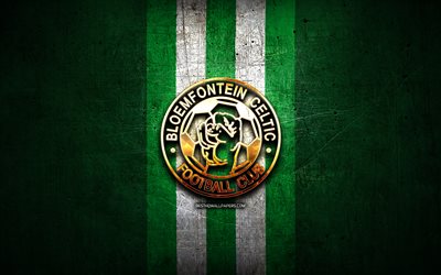 Bloemfontein Celtic FC, golden logo, Premier Soccer League, green metal background, football, Bloemfontein Celtic, PSL, South African football club, Bloemfontein Celtic logo, soccer, South Africa