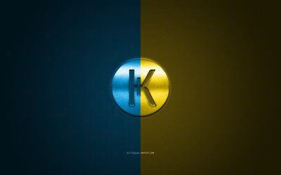 Karbowanec logo, metal emblem, blue-yellow carbon texture, cryptocurrency, Karbowanec, finance concepts