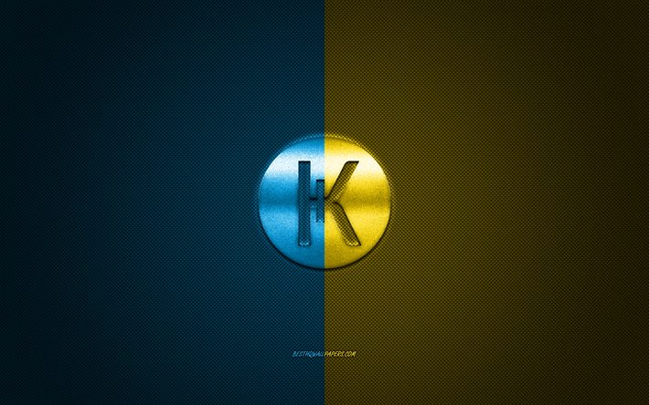 Karbowanec logo, embl&#232;me m&#233;tallique, bleu-jaune de carbone texture, cryptocurrency, Karbowanec, finance concepts