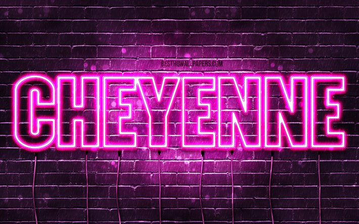 Cheyenne, 4k, taustakuvia nimet, naisten nimi&#228;, Cheyenne nimi, violetti neon valot, vaakasuuntainen teksti, kuva Cheyenne nimi