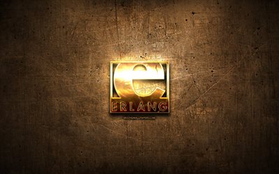 Erlang golden logo, programming language, brown metal background, creative, Erlang logo, programming language signs, Erlang