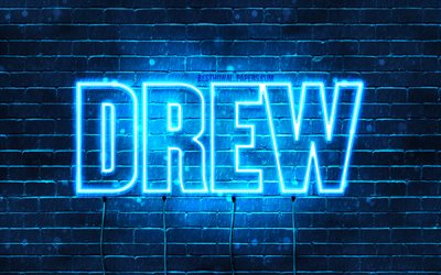 Drew, 4k, wallpapers with names, horizontal text, Drew name, blue neon lights, picture with Drew name