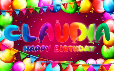 Mutlu Yıllar Claudia, 4k, renkli balon &#231;er&#231;eve, Claudia adı, mor arka plan, Claudia Doğum g&#252;n&#252;n kutlu olsun, Claudia Yıllar, pop&#252;ler İspanyolca Bayan isimleri, Doğum g&#252;n&#252; kavramı, Claudia