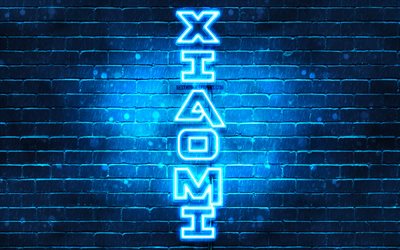 4K, Xiaomi blu logo, testo verticale, blu, brickwall, Xiaomi neon logo, creativo, Xiaomi logo, la grafica, Xiaomi