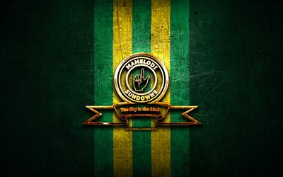 Mamelodi Sundowns FC, golden logo, Premier Soccer League, green metal background, football, Mamelodi Sundowns, PSL, South African football club, Mamelodi Sundowns logo, soccer, South Africa