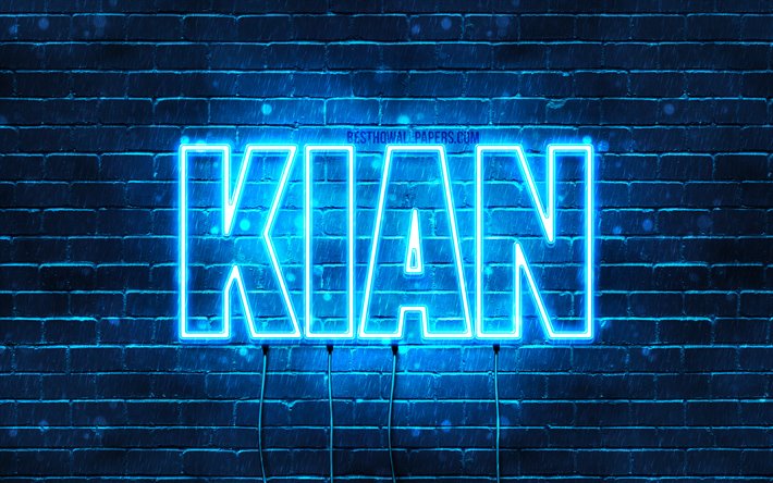 Kian, 4k, les papiers peints avec les noms, le texte horizontal, Kian nom, bleu n&#233;on, photo avec Kian nom