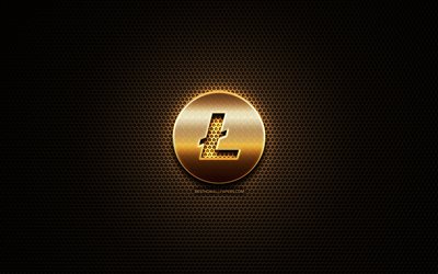 Litecoin glitter logo, cryptocurrency, grid metal background, Litecoin, creative, cryptocurrency signs, Litecoin logo