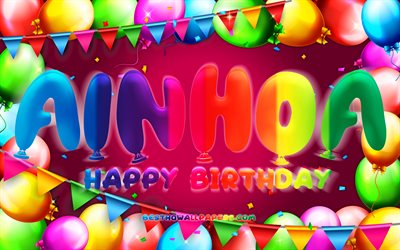 Happy Birthday Ainhoa, 4k, colorful balloon frame, Ainhoa name, purple background, Ainhoa Happy Birthday, Ainhoa Birthday, popular spanish female names, Birthday concept, Ainhoa