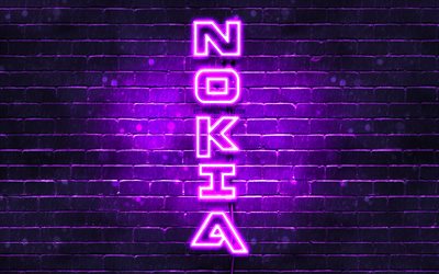 4K, Nokia viola logo, testo verticale, viola, brickwall, Nokia neon logo, creativo, logo Nokia, opera, Nokia