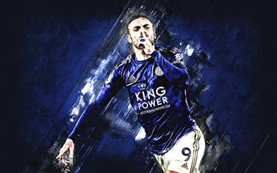 Jamie Vardy, Leicester City FC, English football player, portrait, blue stone background, Premier League, football, England