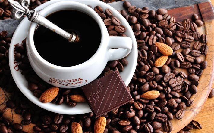 de caf&#233;, granos de caf&#233;, taza blanca con caf&#233;, conceptos, chocolate