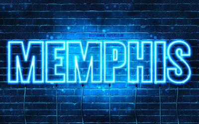 Memphis, 4k, wallpapers with names, horizontal text, Memphis name, blue neon lights, picture with Memphis name