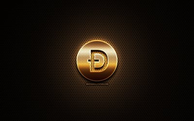 Dogecoin glitter logo, cryptocurrency, grid metal background, Dogecoin, creative, cryptocurrency signs, Dogecoin logo