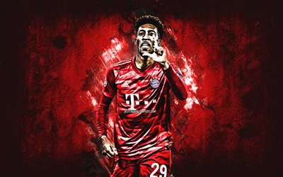 Kingsley Coman, FC Bayern Munich, Bundesliga, French footballer, portrait, red stone background, football
