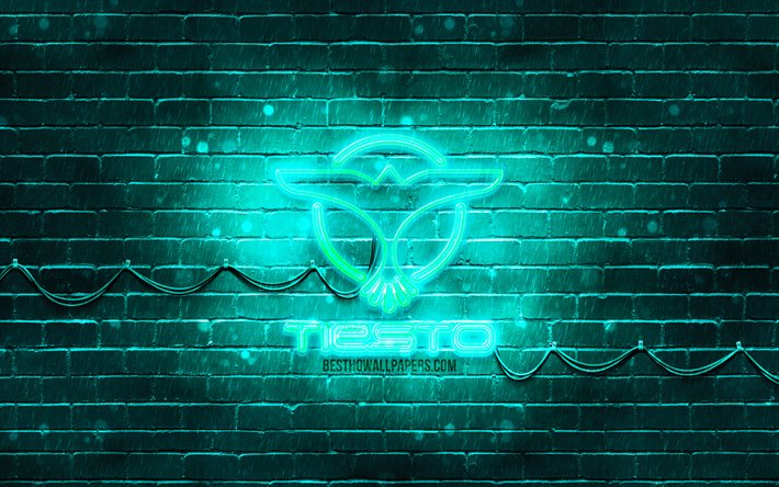 DJ Tiesto turquesa logotipo, 4k, superstars, holand&#234;s DJs, turquesa brickwall, DJ Tiesto logo, O Programador Tijs Michiel Verwest, estrelas da m&#250;sica, DJ Tiesto neon logotipo, DJ Tiesto