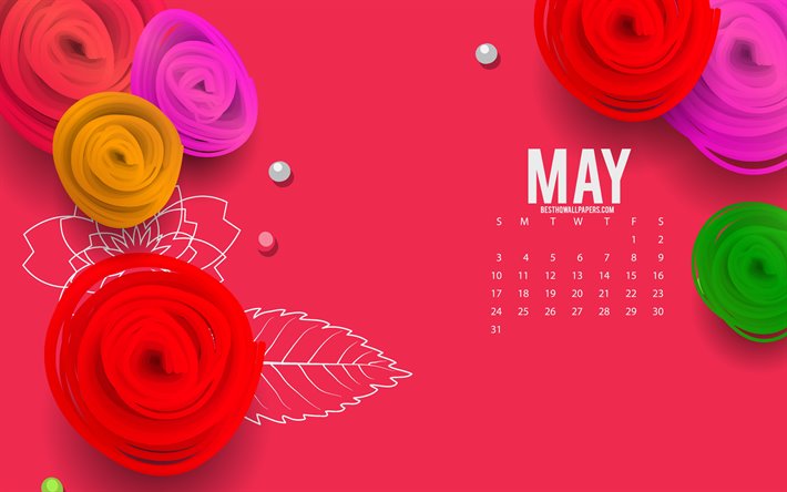 2020年のあるカレンダー, 赤花の背景, 紙のバラの花, 月, 2020年の春にカレンダー, バラ, が2020年までのカレンダー