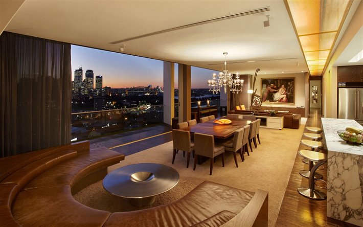 interni di lusso, hotel appartamenti, divano di pelle marrone, bianco tavolo di marmo, elegante appartamento di design