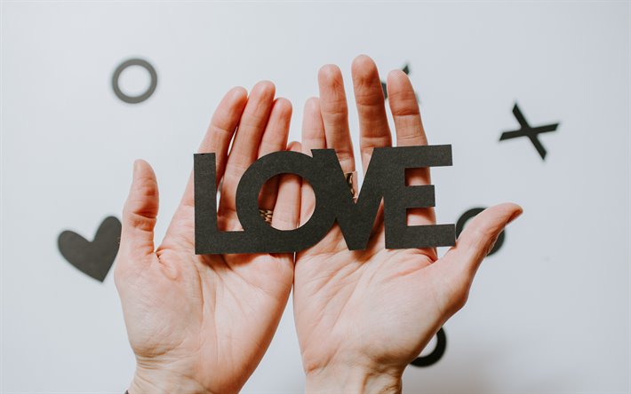 word love in hands, word love made of paper, love concepts, hands, paper art