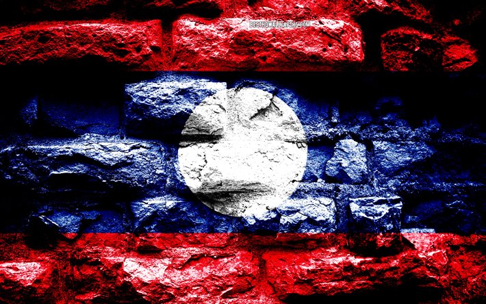 Imp&#233;rio do Laos, grunge textura de tijolos, Bandeira do Laos, bandeira na parede de tijolos, Laos, bandeiras de pa&#237;ses Asi&#225;ticos