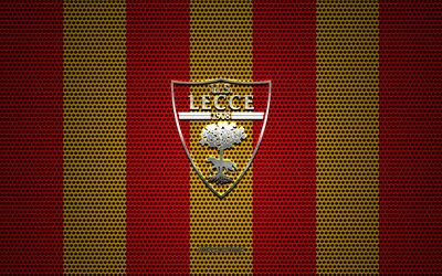 US Lecce logo, Italian football club, metal emblem, yellow-red metal mesh background, US Lecce, Serie A, Lecce, Italy, football