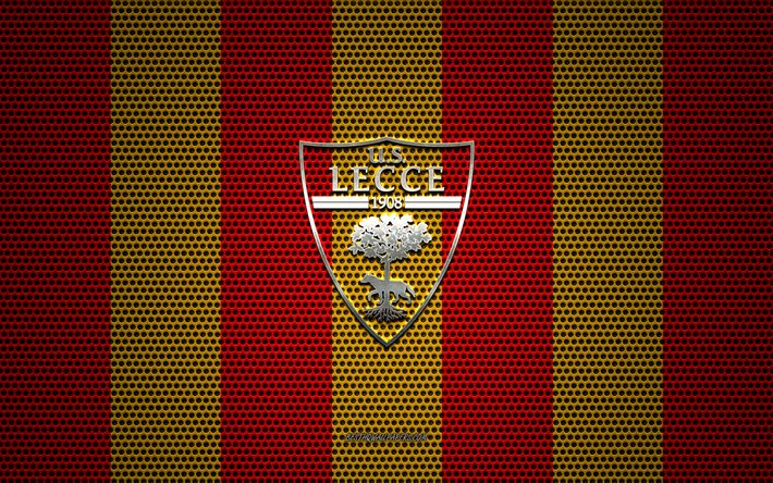 US Lecce logo, Italian football club, metal emblem, yellow-red metal mesh background, US Lecce, Serie A, Lecce, Italy, football