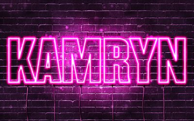 Kamryn, 4k, wallpapers with names, female names, Kamryn name, purple neon lights, horizontal text, picture with Kamryn name