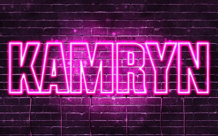 Kamryn, 4k, fondos de pantalla con los nombres, los nombres femeninos, Kamryn nombre, p&#250;rpura luces de ne&#243;n, el texto horizontal, imagen con Kamryn nombre