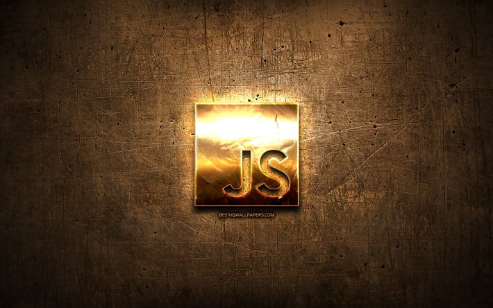 JavaScript golden logo, programming language, brown metal background, creative, JavaScript logo, programming language signs, JavaScript