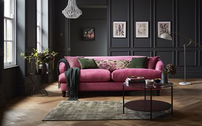 stylish interior design, living room, classic interior style, pink sofa, white chandelier
