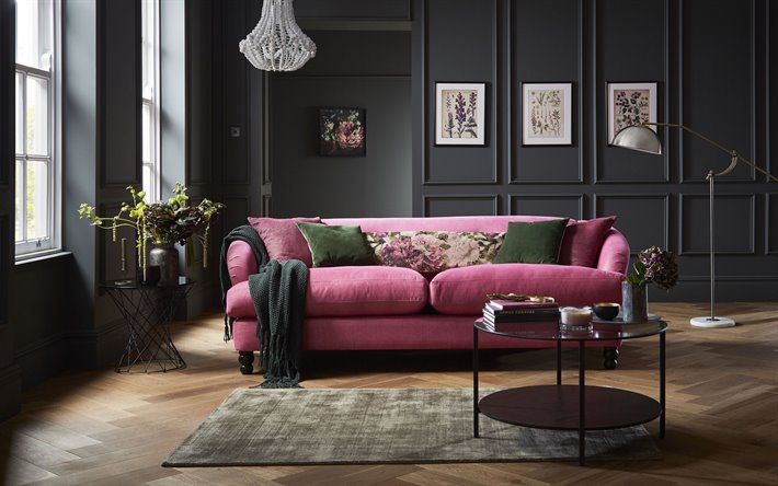 stilvolles interieur-design, wohnzimmer, klassischen stil, rosa sofa, kronleuchter wei&#223;