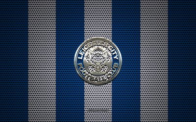Leicester City FC logo, English football club, metal emblem, blue white metal mesh background, Leicester City FC, Premier League, England, football