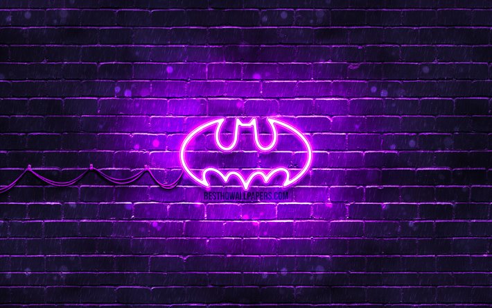 バットマン紫ロゴ, 4k, 紫brickwall, バットマンのロゴ, 嵐, バットマンネオンのロゴ, バットマン