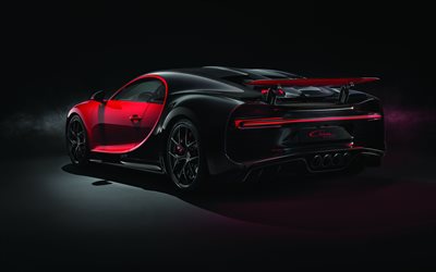 Bugatti Chiron Urheilu, 2018, 4k, hypercar, ulkoa, takaa katsottuna, musta punainen Chiron, superauto, tuning Chiron, Bugatti