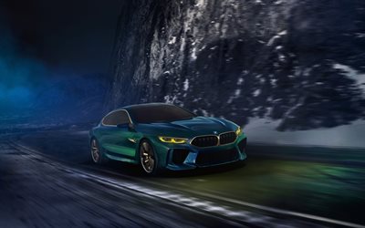 4k, BMW Concept M8 Gran Coup&#233;, natt, Bilar 2018, vinter, BMW, M8 Gran Coup&#233;