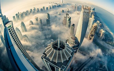 Dubai, morning, fog, clouds, skyscrapers, top view, city in the clouds, United Arab Emirates