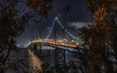 El Puente de la bah&#237;a, San Francisco, Puente colgante, la Noche, las Luces de la Ciudad, la Bah&#237;a de San Francisco, California, estados UNIDOS