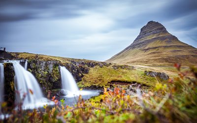 4k, Kirkjufell Mount, waterfalls, Icelandic landmarks, Europe, Abenrot, Iceland