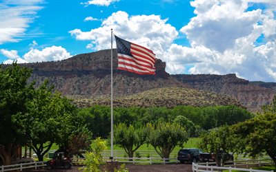 American flag, US flag, ranch, flagpole, USA, canyon